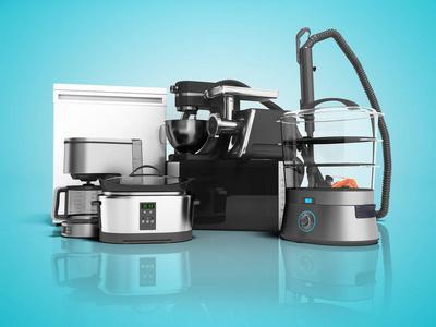 家用电器集团真空吸尘器微波炉咖啡机绞肉机蒸汽机冰箱销售3d渲染蓝色